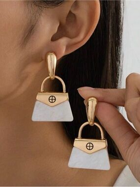 Gold and White Marble Tote-Shaped Drop Earrings - Women Jewelry